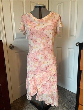 Jaclyn Smith Silk Floral Midi Dress, Pink & Yellow, Size 14